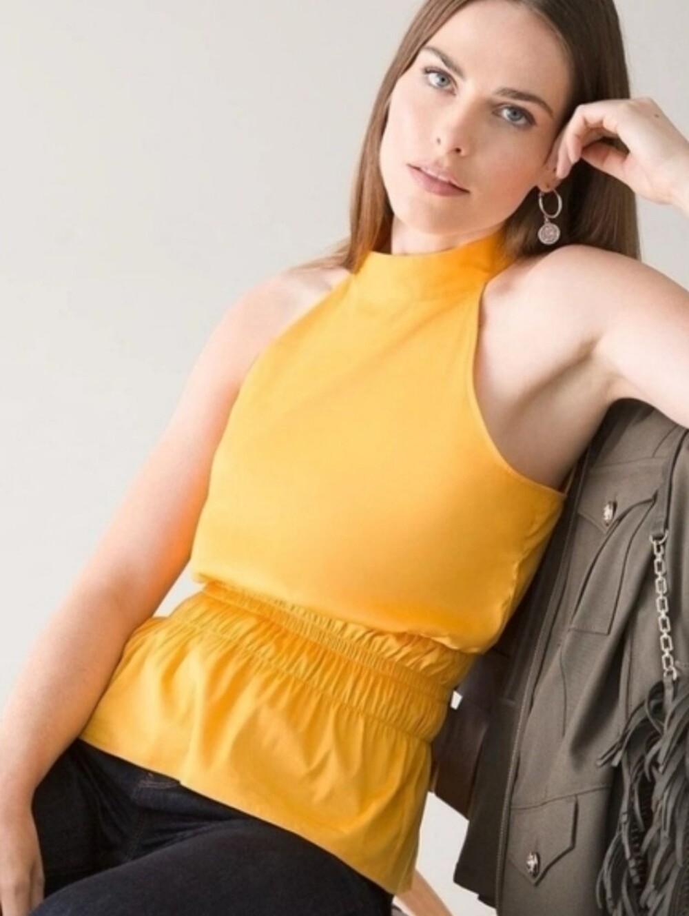 White House Black Market marigold color smocked waist sleeveless blouse